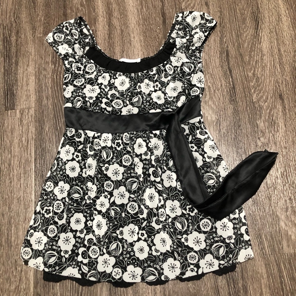 Promod Black & White Floral Babydoll Mini Dress Size XS